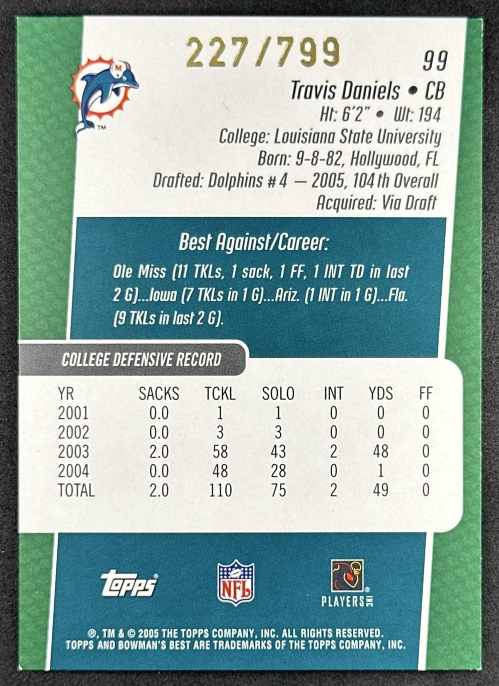 Travis Daniels 2005 Bowman's Best Green /799 Dolphins Sports Trading Cards