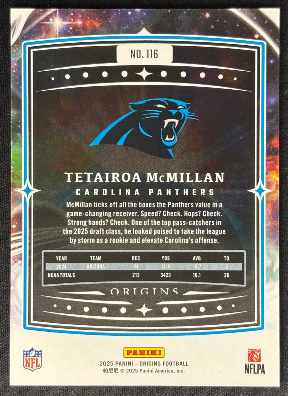 Tetairoa McMillan 2025 Origins Rookie Panthers Sports Trading Card