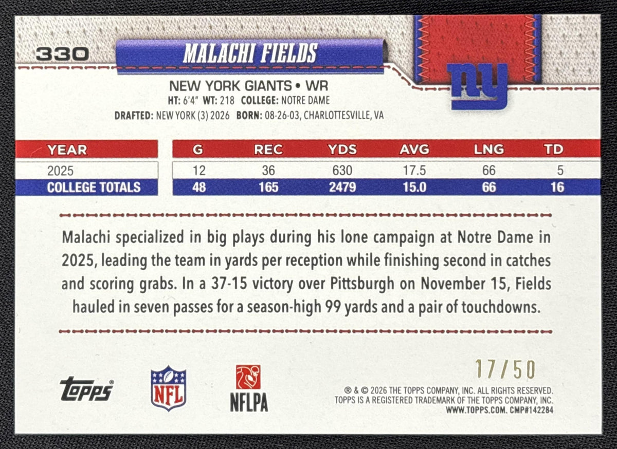 Malachi Fields 2026 Topps Gold Foil /50 Giants