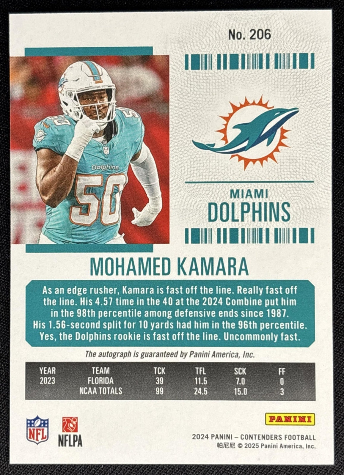 Mohamed Kamara 2024 Panini Contenders Rookie Ticket Auto Dolphins Miami Dolphins Sports Trading Cards