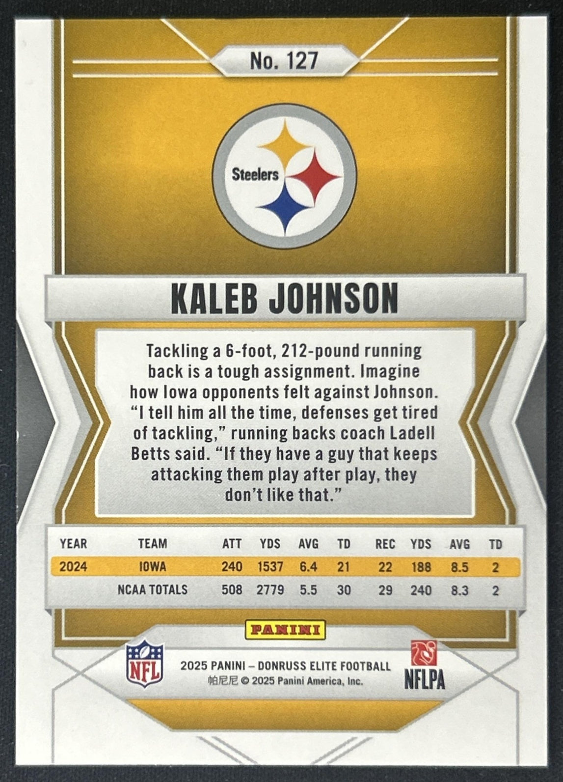 Kaleb Johnson 2025 Panini Donruss Elite Rookies Lavender Pyramids /649 Steelers back
