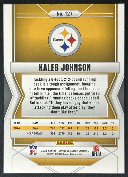 Kaleb Johnson 2025 Panini Donruss Elite Rookies Lavender Pyramids /649 Steelers back