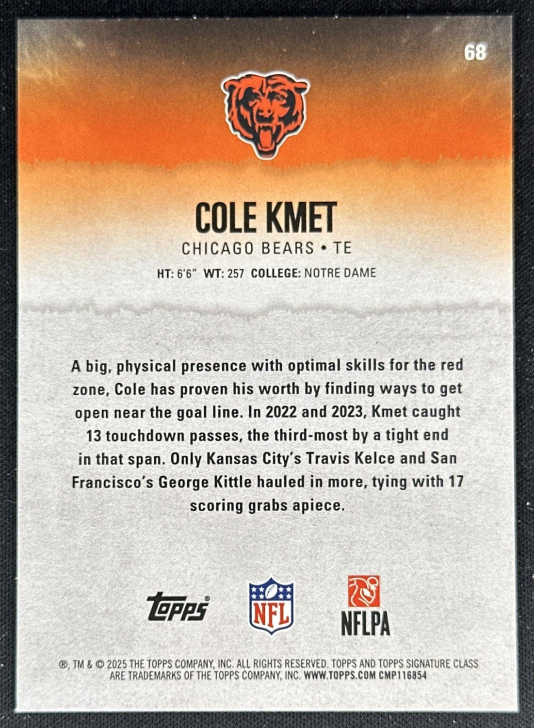 Cole Kmet 2025 Topps Signature Class Veteran Blue & Yellow Foil Bears back