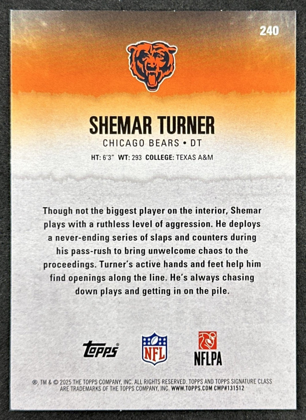 Shemar Turner 2025 Topps Signature Class Rookie Green & Purple Foil Bears back sports trading card