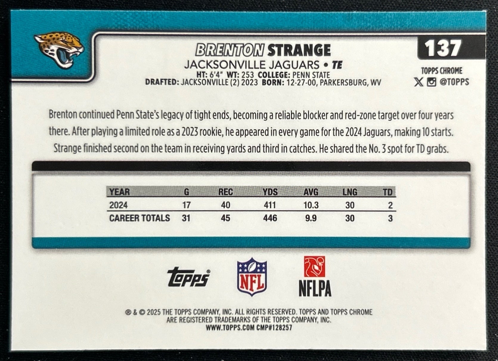 Brenton Strange 2025 Topps Chrome Jaguars Sports Trading Cards