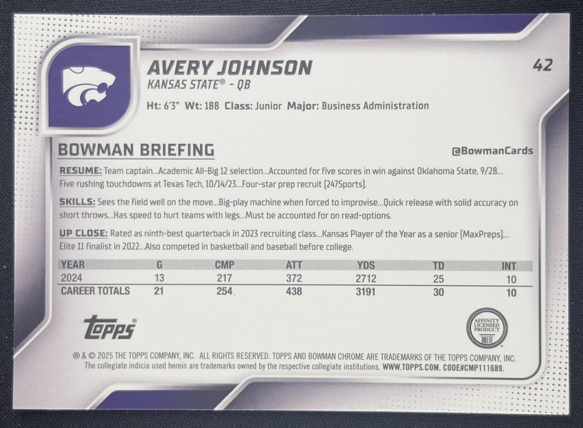 Avery Johnson 2025 Bowman Chrome University Prospects Blue Refractor /150 Wildcats