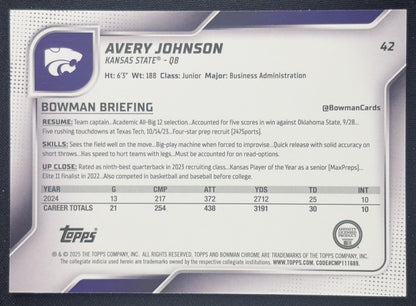 Avery Johnson 2025 Bowman Chrome University Prospects Blue Refractor /150 Wildcats