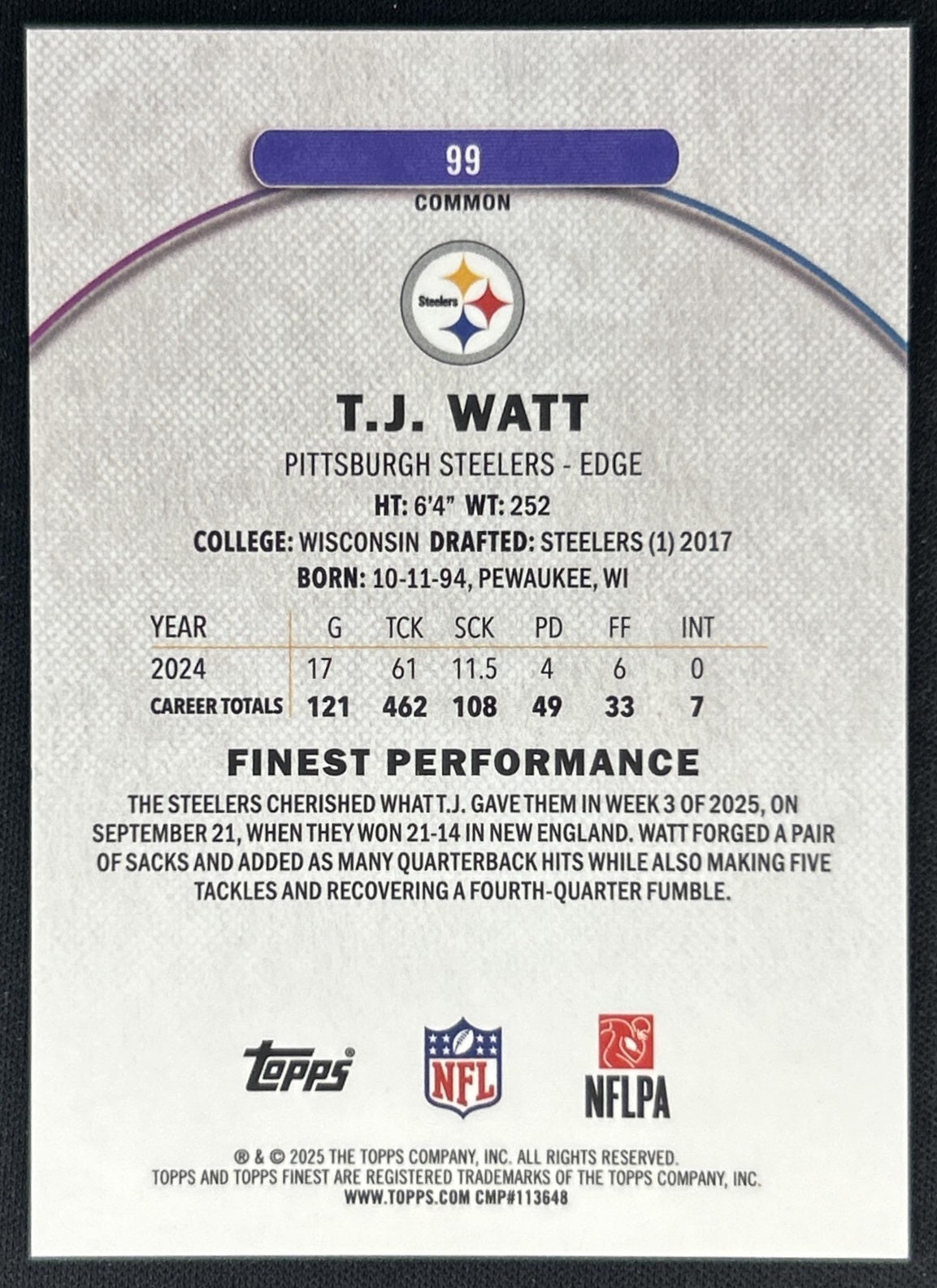 T.J. Watt 2025 Topps Finest Green Refractor /75 Steelers back