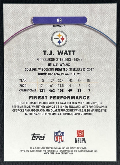 T.J. Watt 2025 Topps Finest Green Refractor /75 Steelers back