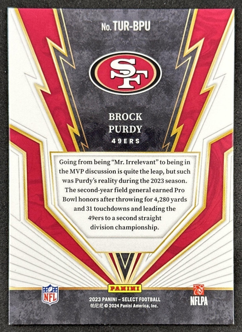Brock Purdy 2023 Panini Select Turbo Charged 49ers Back