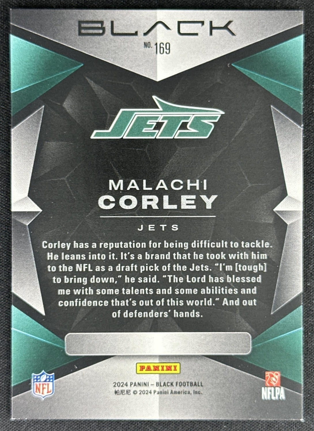 Malachi Corley 2024 Panini Black Rookies Sapphire /35 Jets