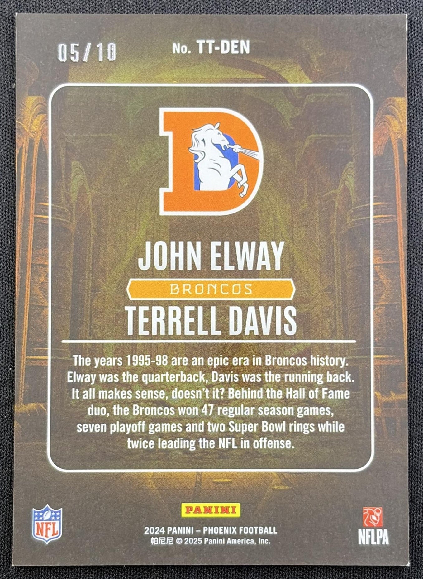 John Elway Terrell Davis 2024 Panini Phoenix Treasured Tandems Gold /10 Broncos