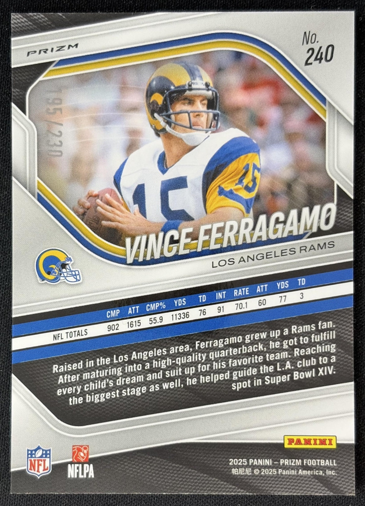Vince Ferragamo 2025 Panini Prizm Blue Wave /230 Rams back