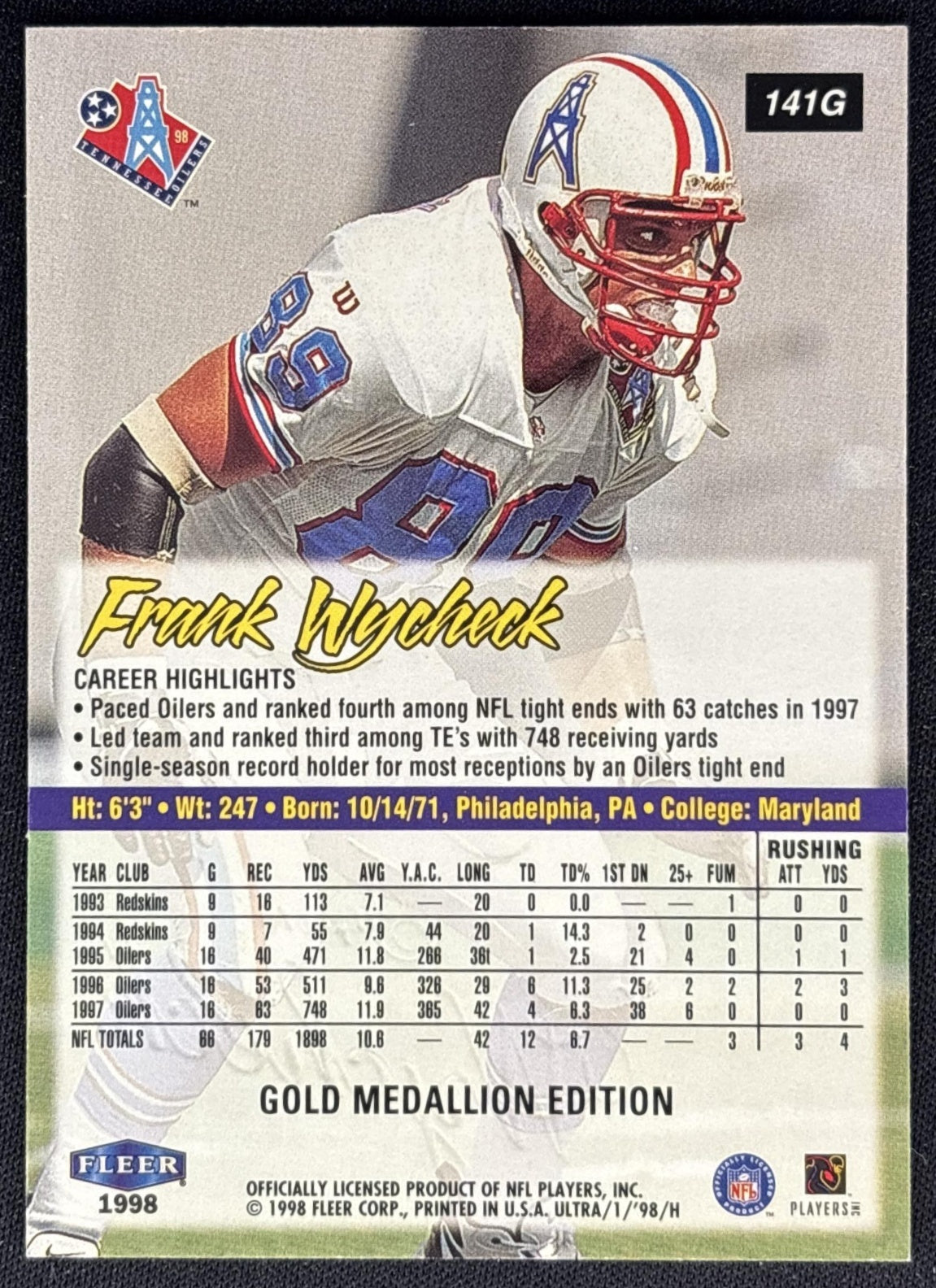 Frank Wycheck 1998 Fleer Ultra Gold Medallion back
