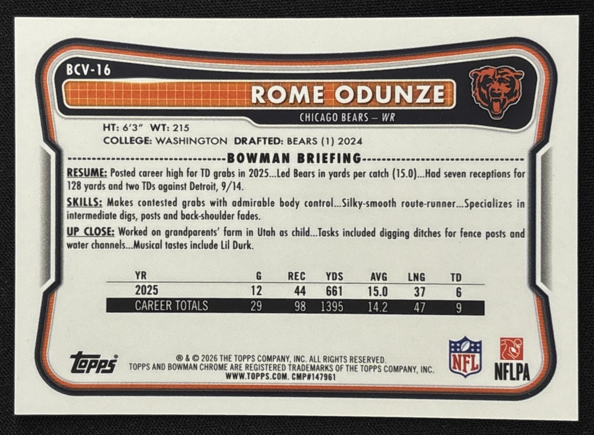 Rome Odunze 2026 Bowman Chrome NFL Yellow Mojo Refractor /275 Bears - Back