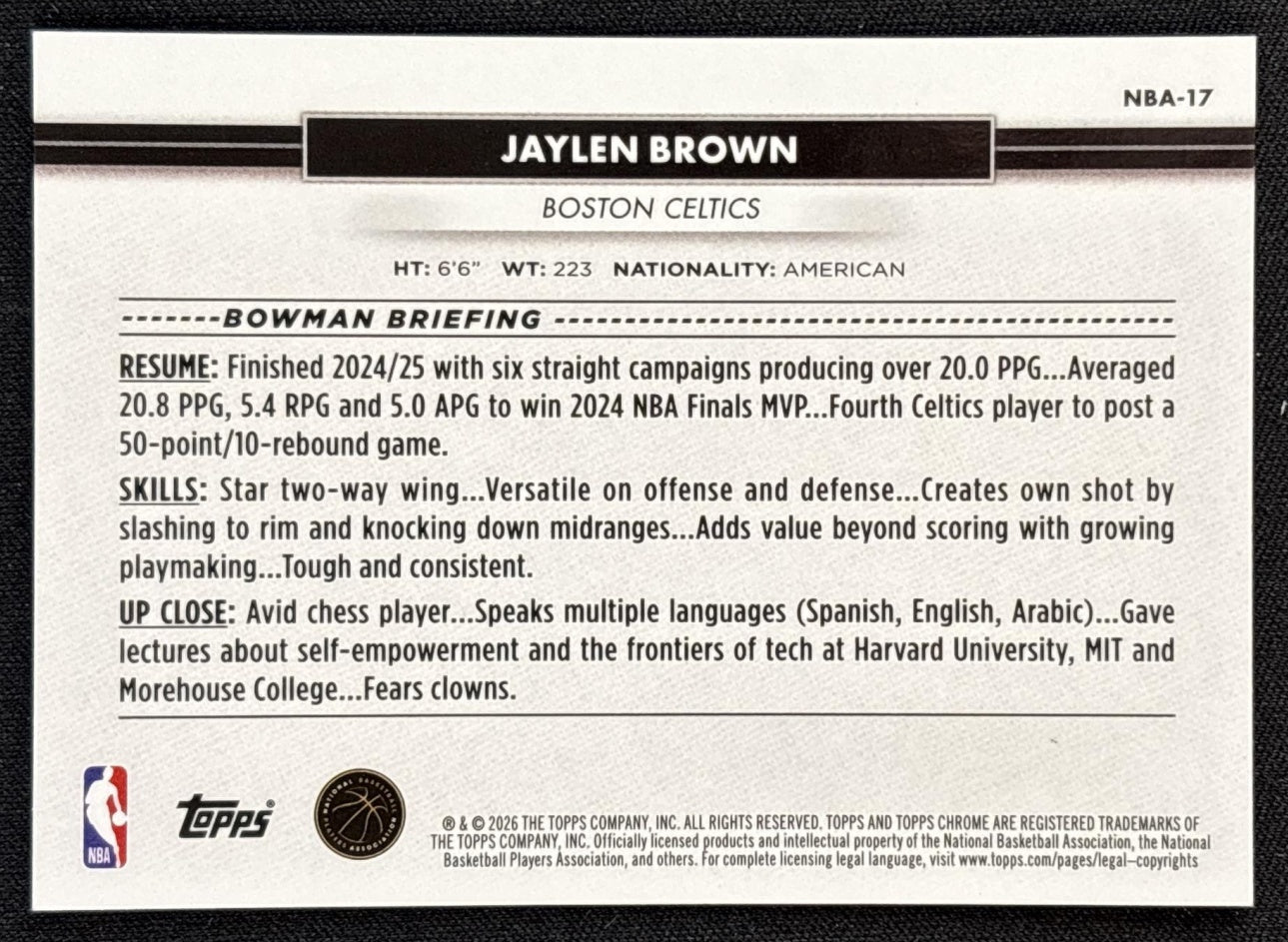 Jaylen Brown 2026 Topps NSCC Collection NBA Black Refractor /10 Sports Trading Cards