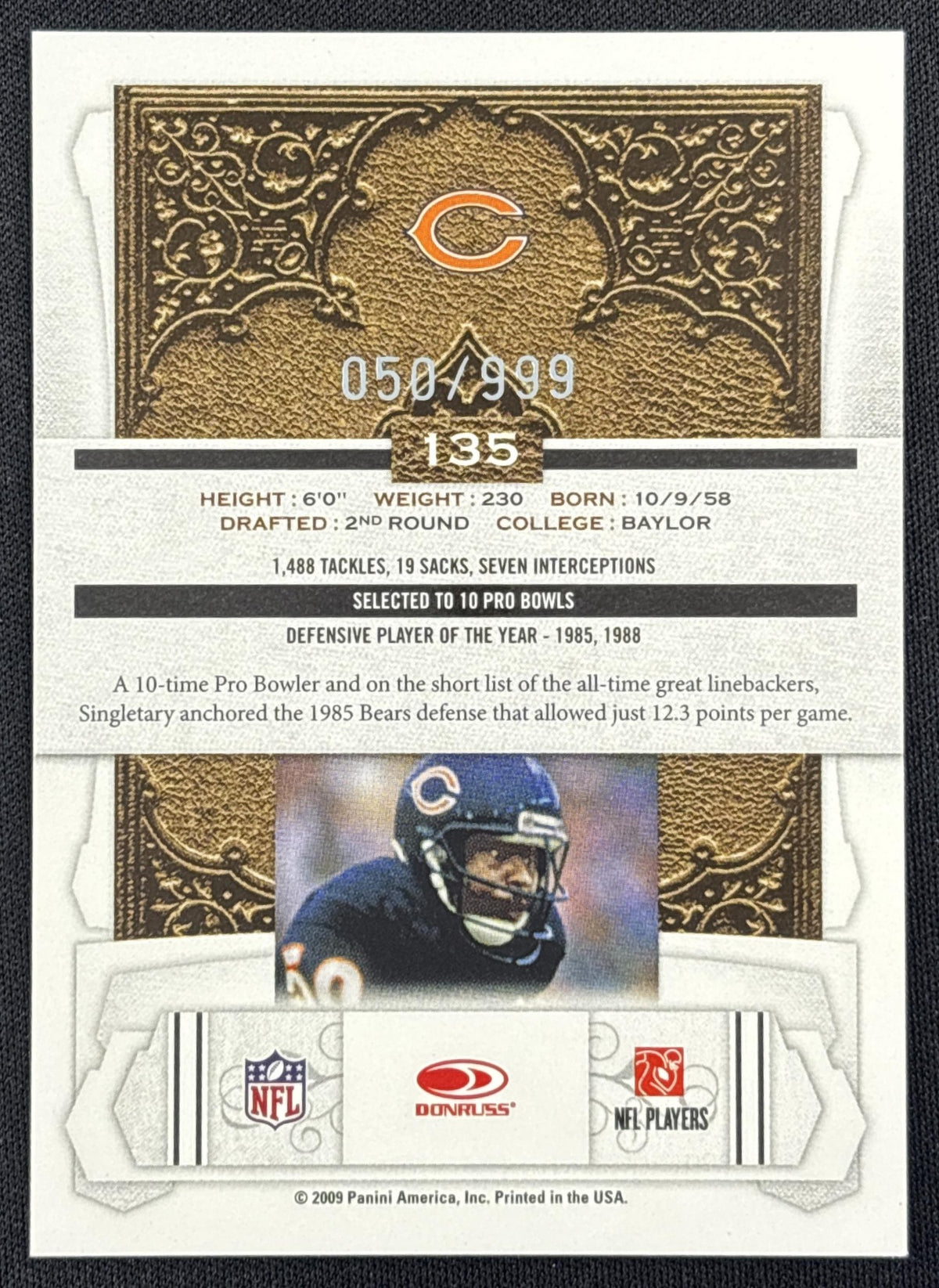 Mike Singletary 2009 Panini Donruss Classics /999 Bears