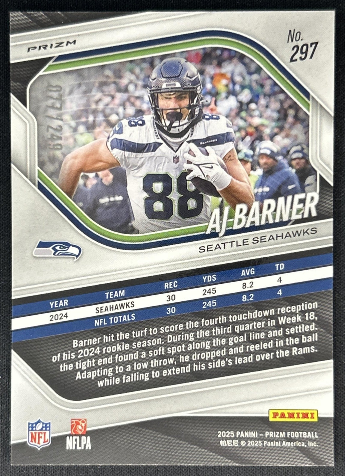 AJ Barner 2025 Panini Prizm Orange /249 Seahawks back