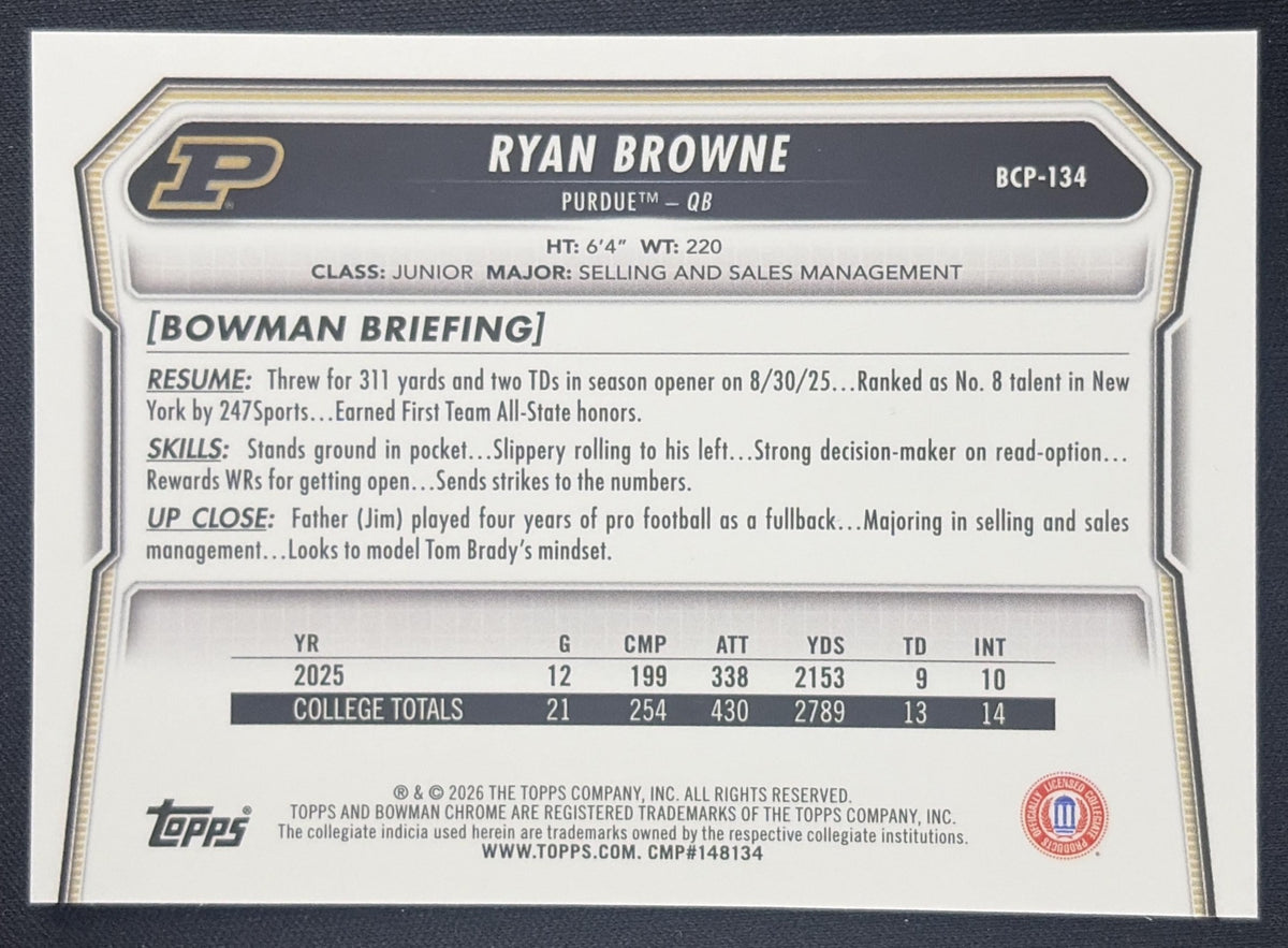 Ryan Browne 2026 Bowman Chrome Prospects Mojo Refractor Boilermakers