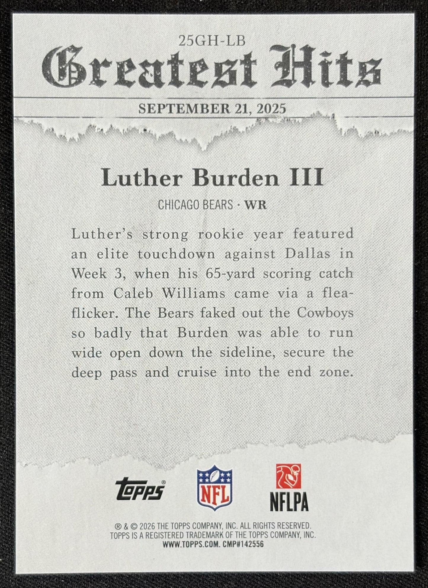 Luther Burden III 2026 Topps 2025 Greatest Hits Bears back