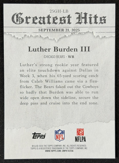 Luther Burden III 2026 Topps 2025 Greatest Hits Bears back