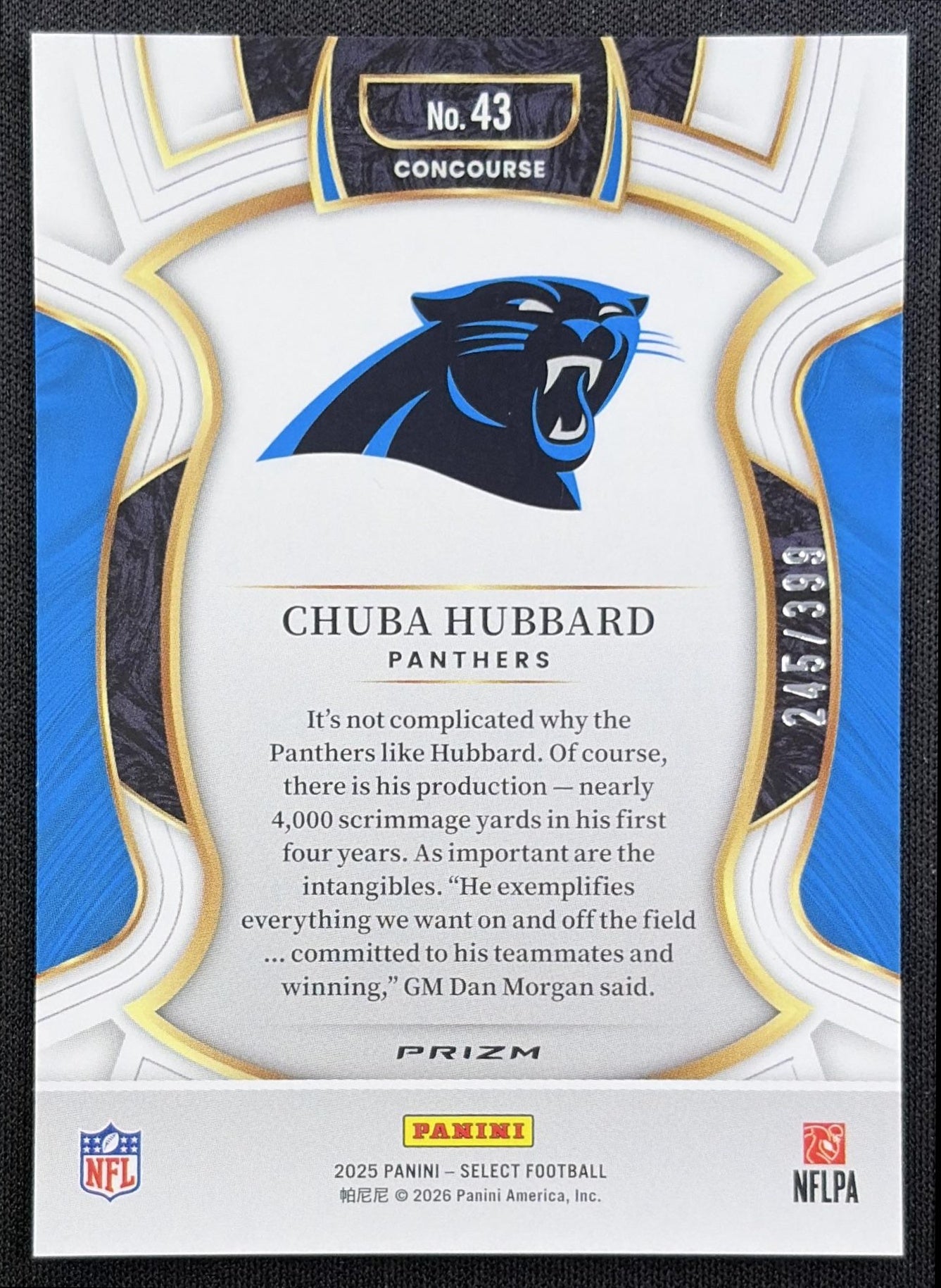 Chuba Hubbard 2025 Panini Select Concourse Tri-Color Prizm /399 Panthers back