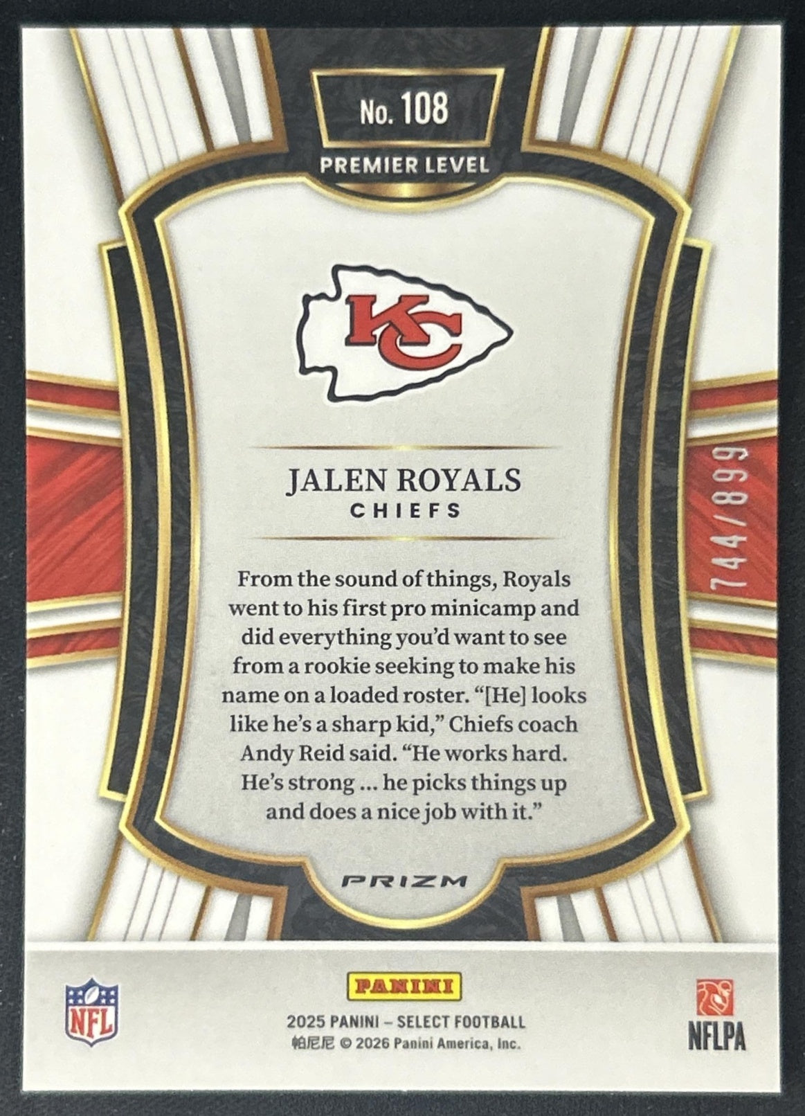 Jalen Royals 2025 Panini Select Premier Level Copper Prizm Shock /899 Chiefs back