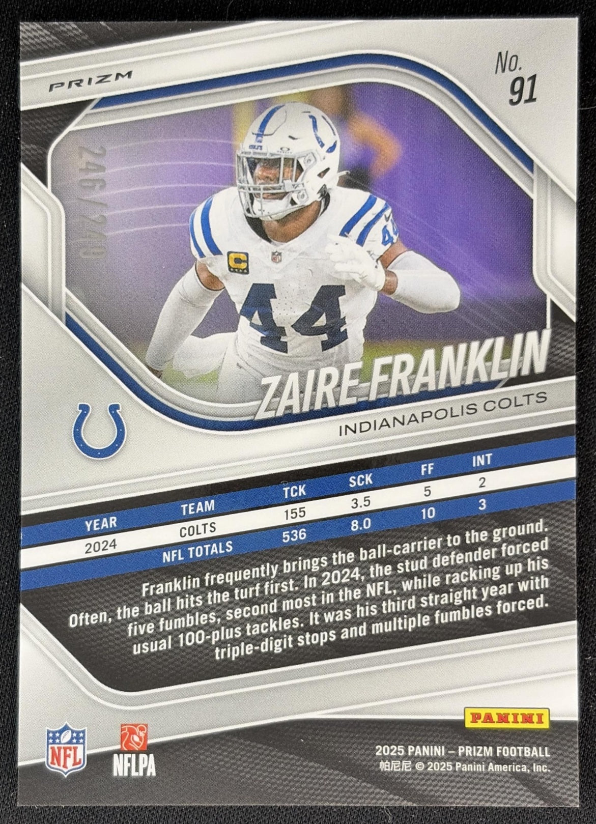 Zaire Franklin 2025 Panini Prizm Orange /249 Colts Back
