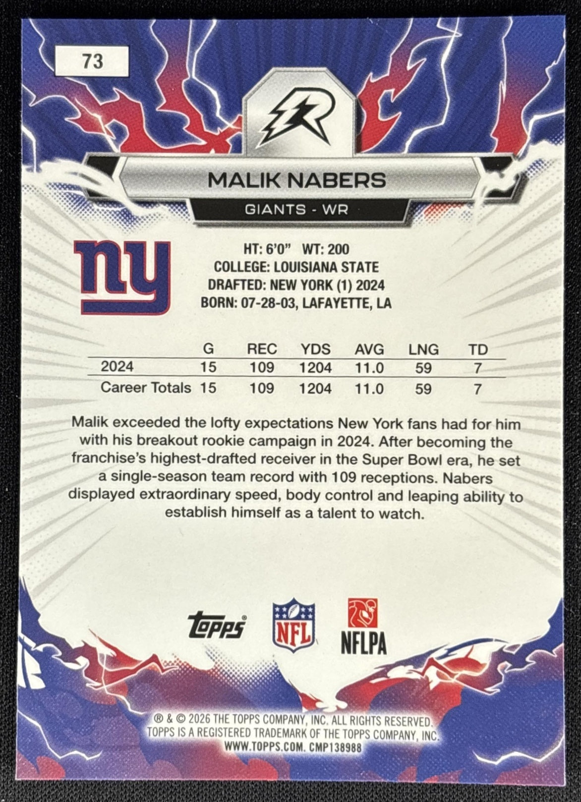 Malik Nabers 2025 Topps Resurgence Prism Refractor Giants back