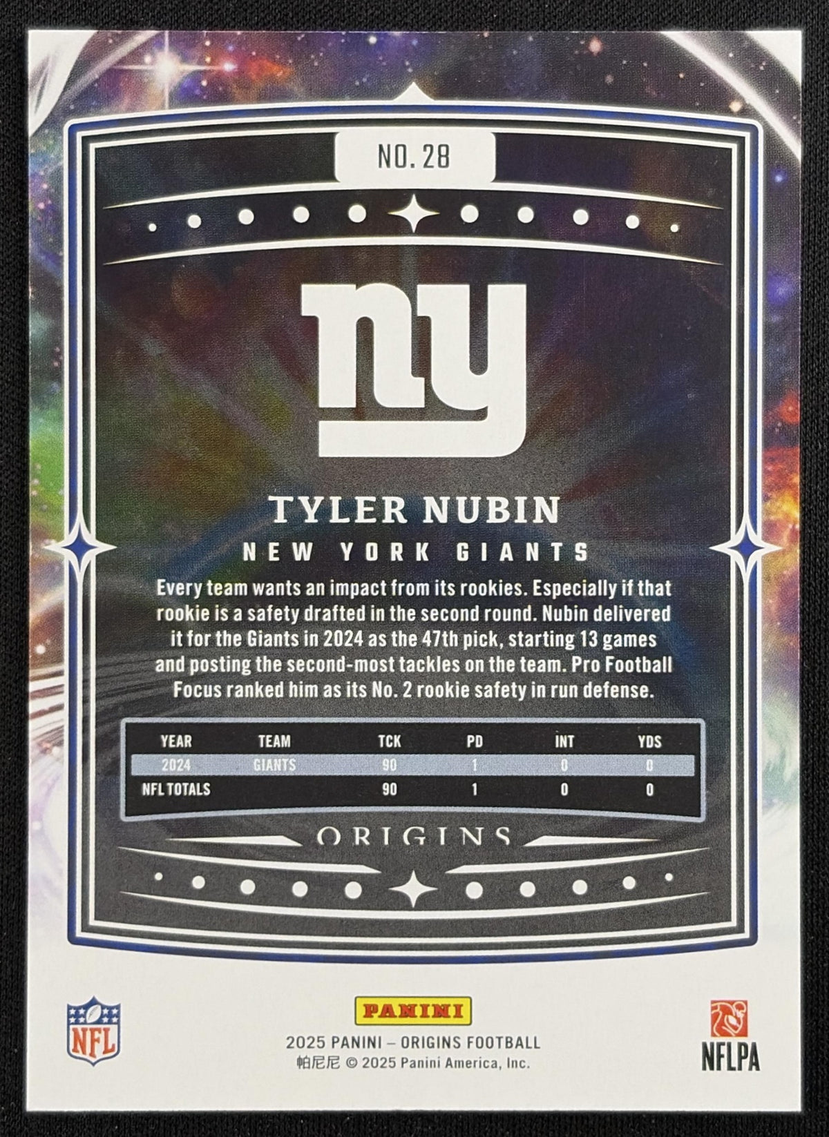 Tyler Nubin 2025 Panini Origins Giants New York Giants Sports Trading Card