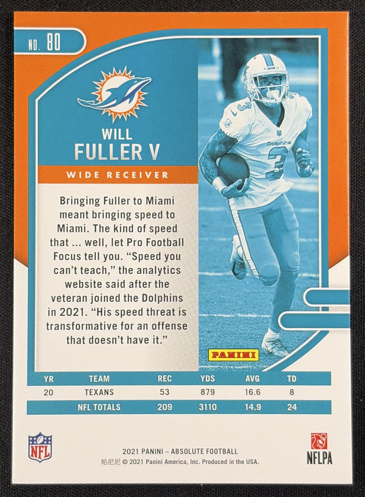 Will Fuller V 2021 Panini Absolute Spectrum Blue /50 Dolphins