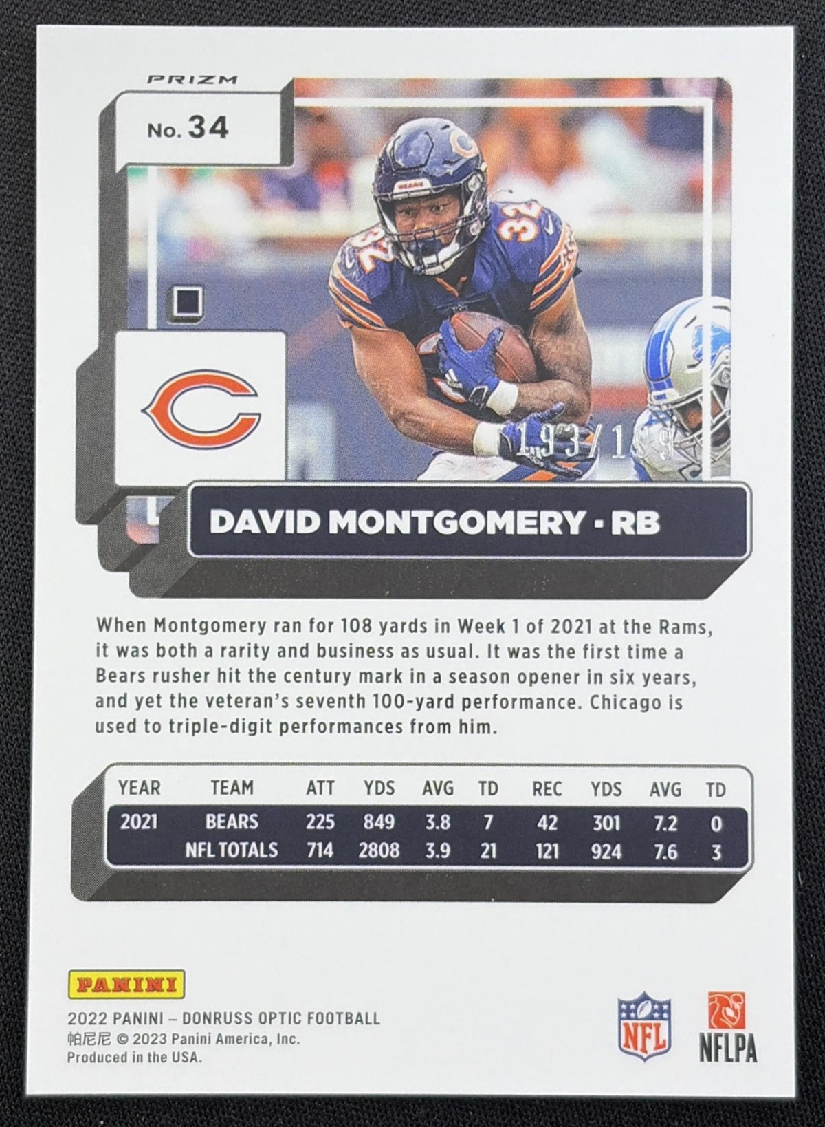 David Montgomery 2022 Panini Donruss Optic Orange /199 Bears