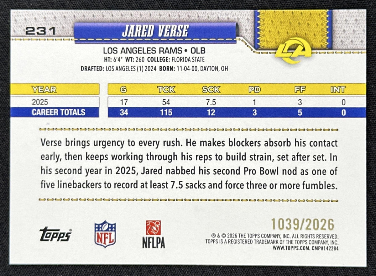 Jared Verse 2026 Topps Flagship Gold /2026 Rams