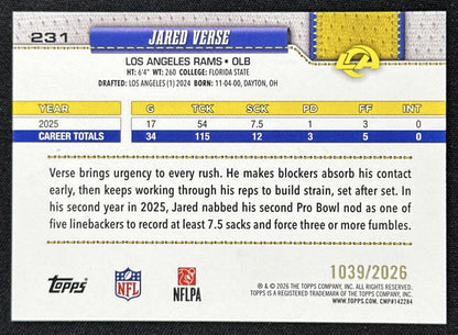 Jared Verse 2026 Topps Flagship Gold /2026 Rams