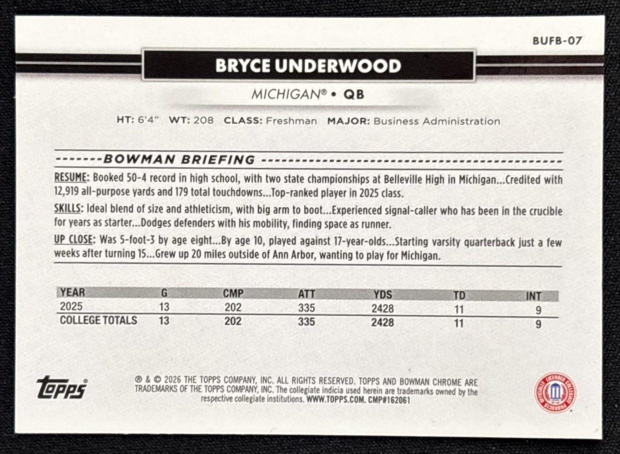 Bryce Underwood 2026 Topps NSCC Collection Bowman U Chrome Sports Trading Cards