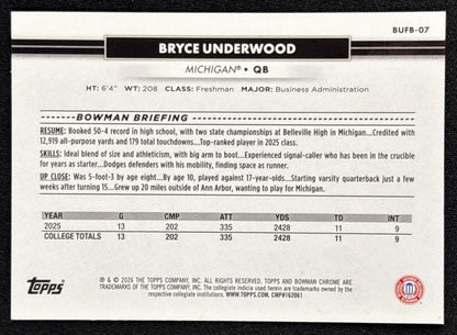 Bryce Underwood 2026 Topps NSCC Collection Bowman U Chrome Sports Trading Cards