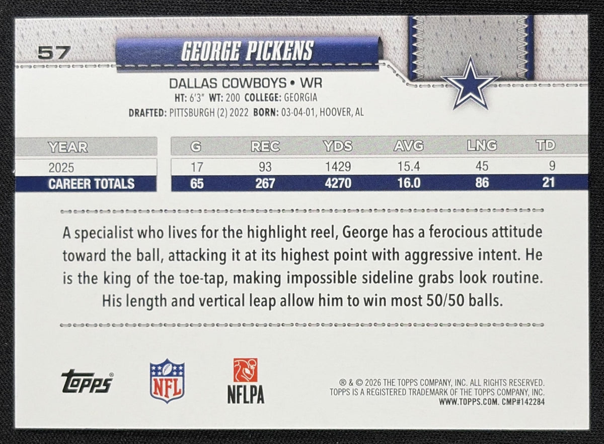 George Pickens 2026 Topps Rainbow Foil Cowboys back