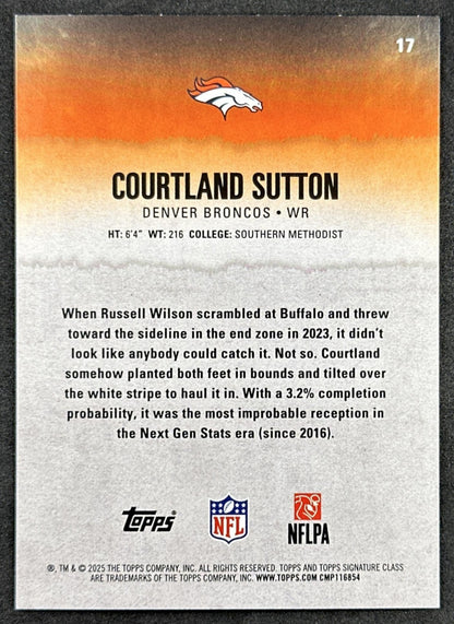 Courtland Sutton 2025 Topps Signature Class Veteran Blue & Yellow Foil Broncos back sports trading card
