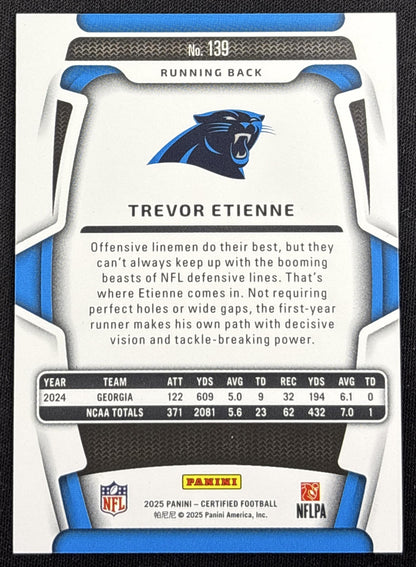 Trevor Etienne 2025 Panini Certified Rookies Mirror Orange /150 Panthers Carolina Panthers