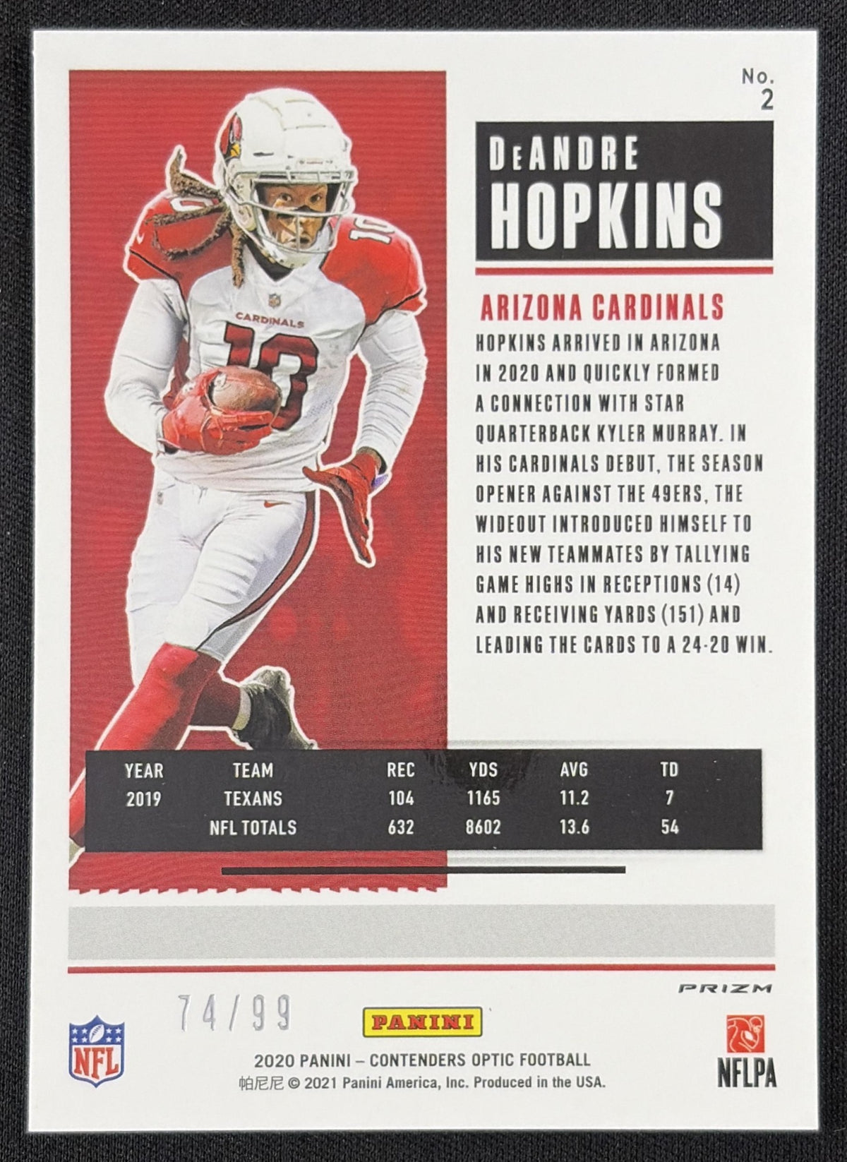 DeAndre Hopkins 2020 Panini Contenders Optic Blue /99 Cardinals
