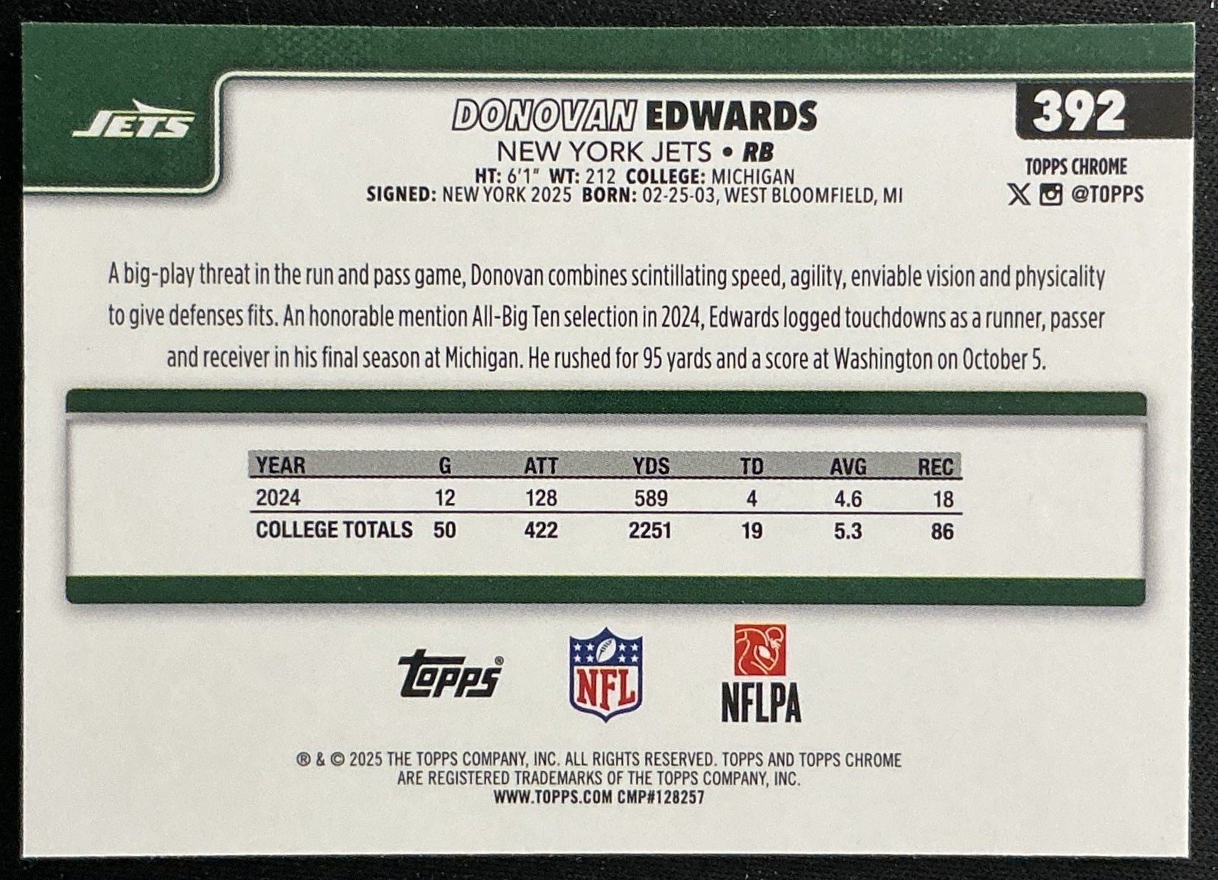 Donovan Edwards 2025 Topps Chrome Rookie Jets Sports Trading Cards