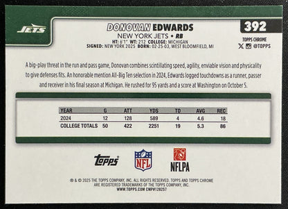 Donovan Edwards 2025 Topps Chrome Rookie Jets Sports Trading Cards
