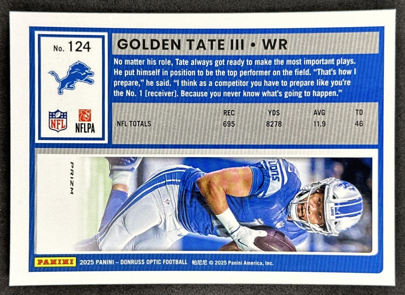 Golden Tate III 2025 Panini Donruss Optic Holo Prizm Lions Back