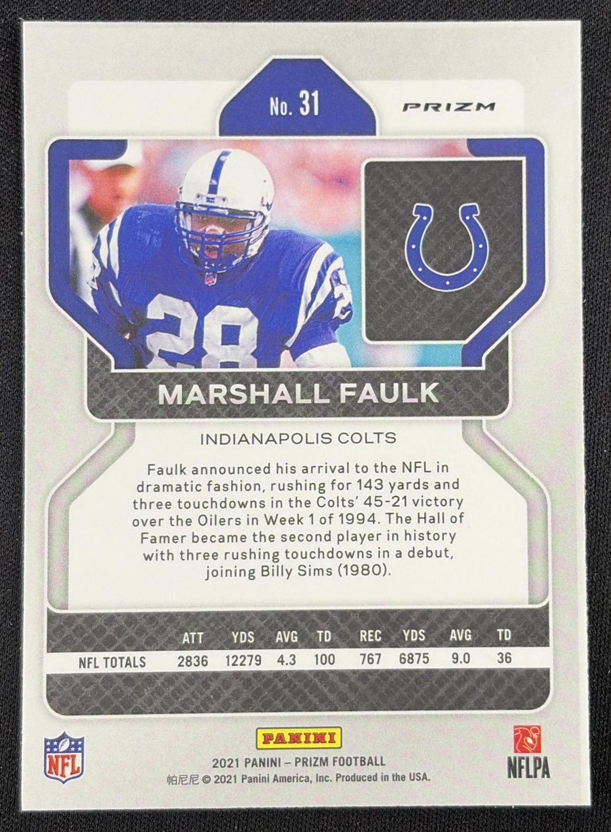 Marshall Faulk 2021 Panini Prizm Red White and Blue Colts Sports Trading Card