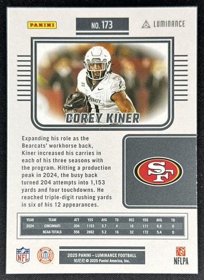 Corey Kiner 2025 Luminance /100 Rookie 49ers back