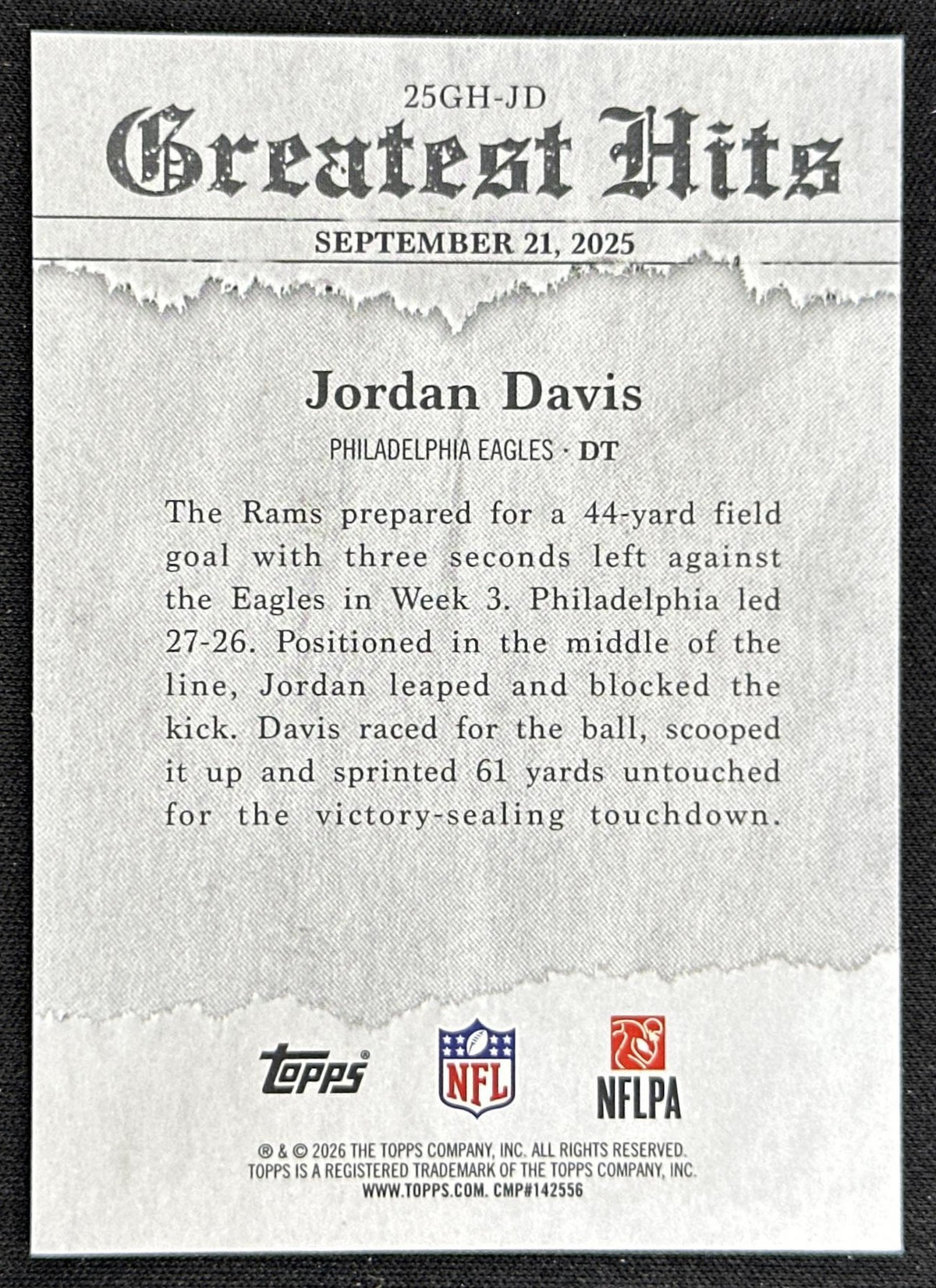 Jordan Davis 2026 Topps 2025 Flagship Greatest Hits Eagles