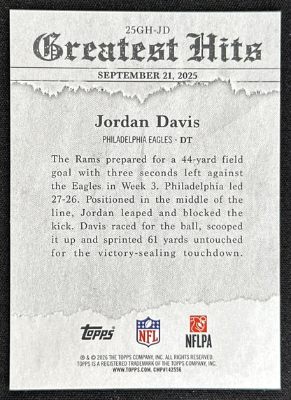Jordan Davis 2026 Topps 2025 Flagship Greatest Hits Eagles