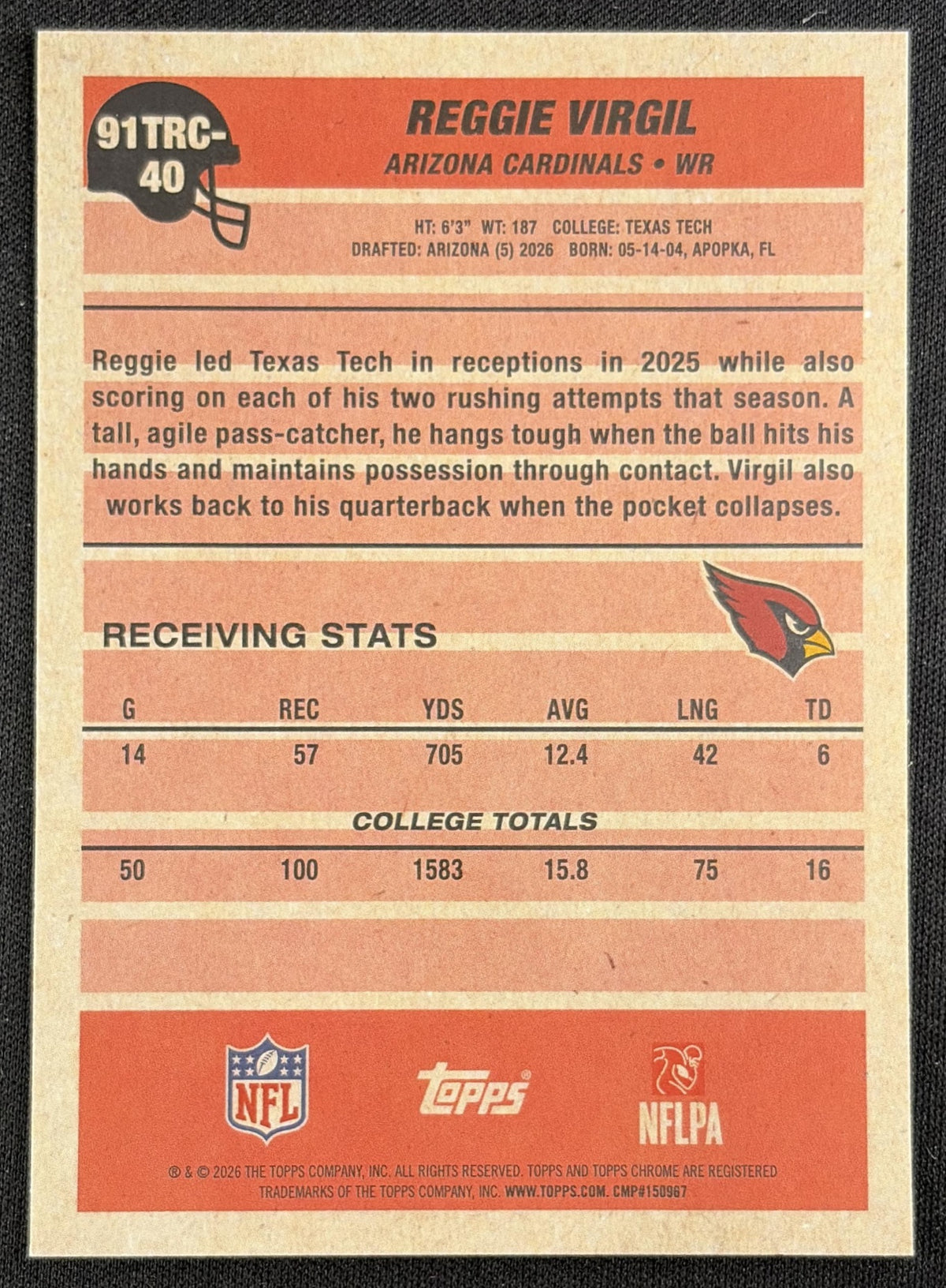 Reggie Virgil 2026 Topps 1991 Chrome Rookie Mojo Refractor Cardinals back