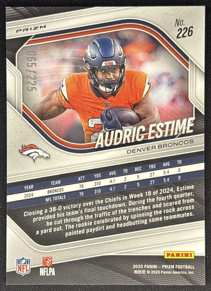 Audric Estime 2025 Panini Prizm Purple Ice /225 Broncos back