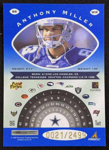 Back of Anthony Miller 1997 Pinnacle Totally Certified Platinum Blue /2499 Cowboys sports trading card